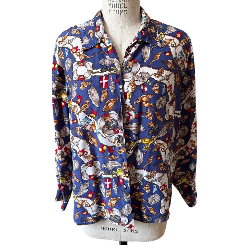 Vintage Nautical Print Silk Button Down Blouse Size Petite Small